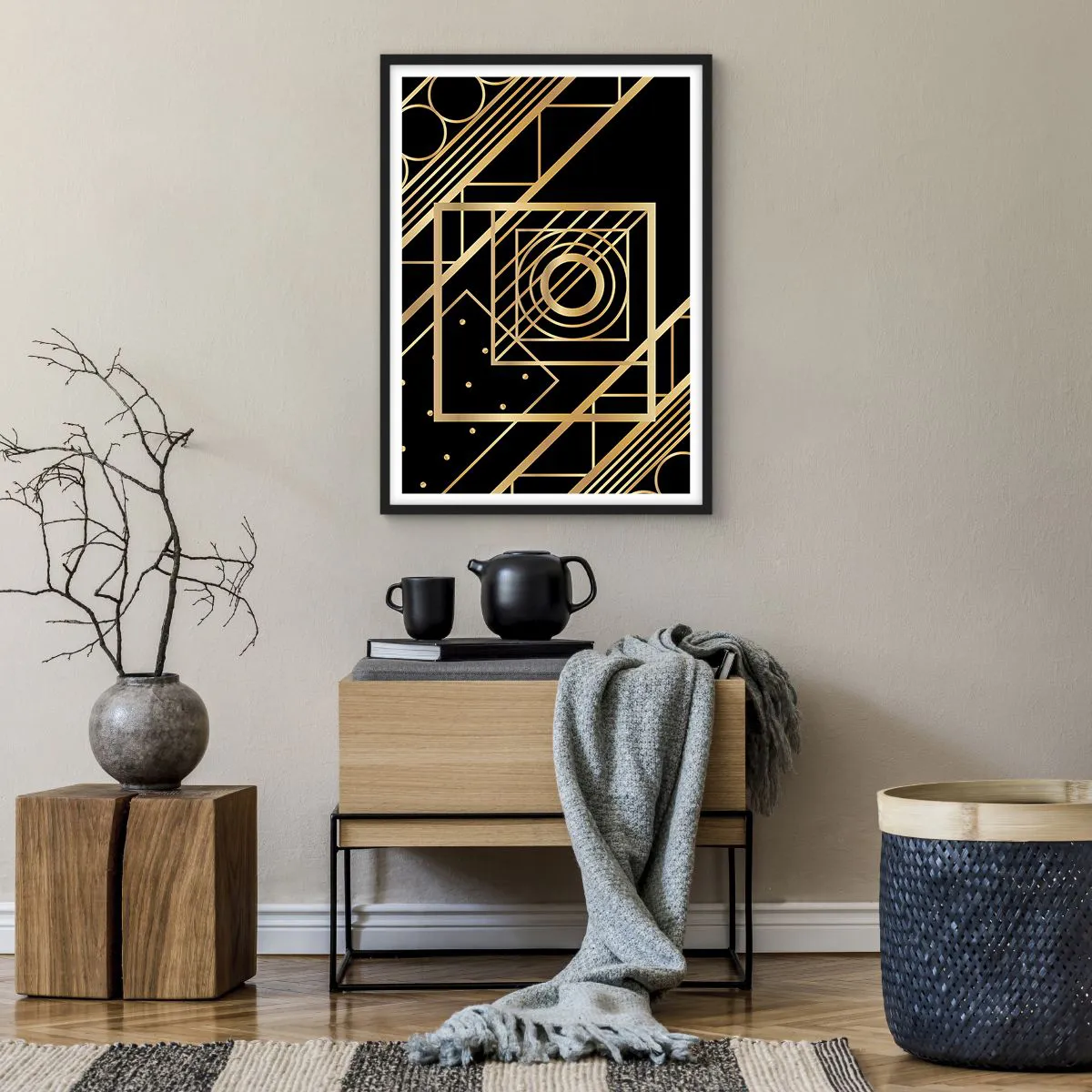 Affisch i svart ram - Gyllene geometriska mönster på svart bakgrund i art déco-stil - 50x70cm - Gyllene geometri - Modern väggdekoration för vardagsrum och sovrum ARTTOR