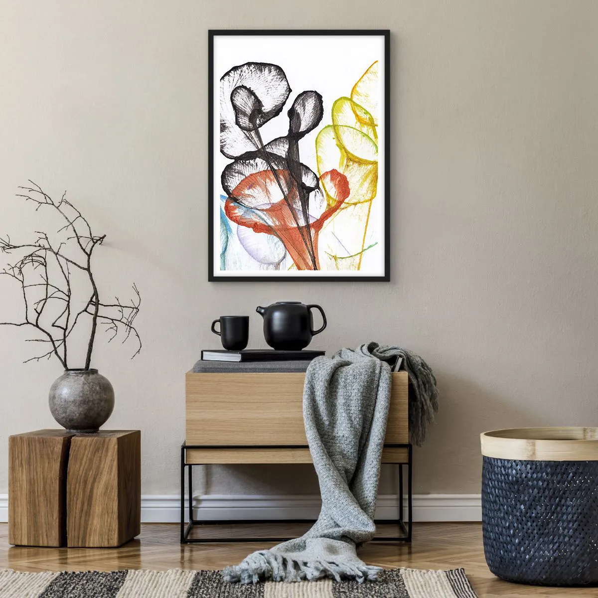 Pôster com moldura preta - Folhas coloridas em uma composição artística e transparente - 50x70cm - Flores com alma - Decoração de parede moderna para a sala de estar e quarto ARTTOR