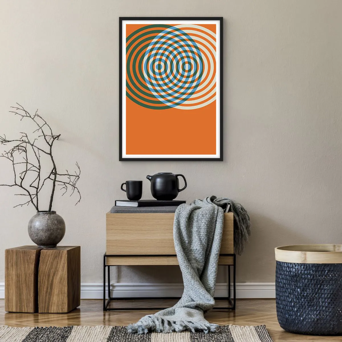 Pôster com moldura preta - Círculos concêntricos coloridos em um fundo laranja - 50x70cm - Variação circular abstrata - Decoração de parede moderna para a sala de estar e quarto ARTTOR