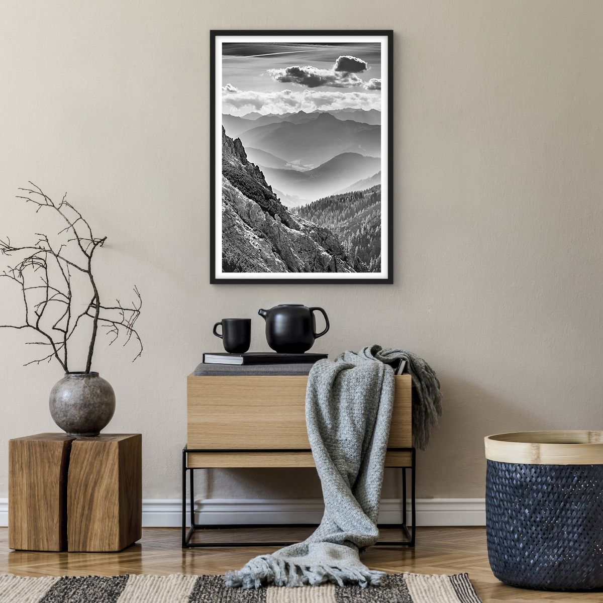 Poster in cornice nera Arttor 50x70 cm - Fino all'orizzonte - Paesaggio,  Montagne, Alpi, Foresta, Bianco E Nero, Per il Salotto, Per la Camera da