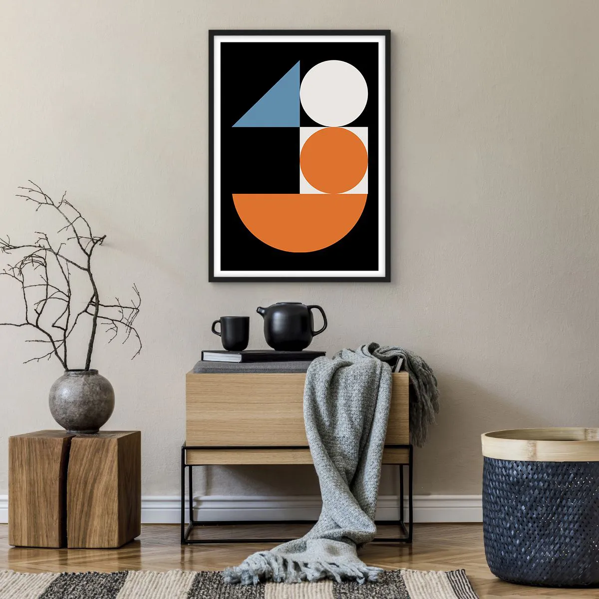 Plagát v čiernom ráme - Moderný geometrický vzor s kruhmi, trojuholníkmi a polkruhmi - 50x70cm - Figurínový systém - Moderná nástenná dekorácia do obývacej izby a spálne ARTTOR