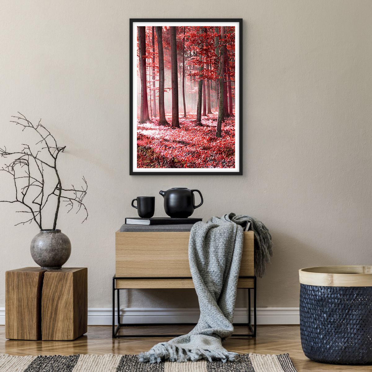 Poster in einem schwarzem Rahmen Landschaft, Poster in einem schwarzem Rahmen Wald, Poster in einem schwarzem Rahmen Bäume, Poster in einem schwarzem Rahmen Natur, Poster in einem schwarzem Rahmen Rote Blätter