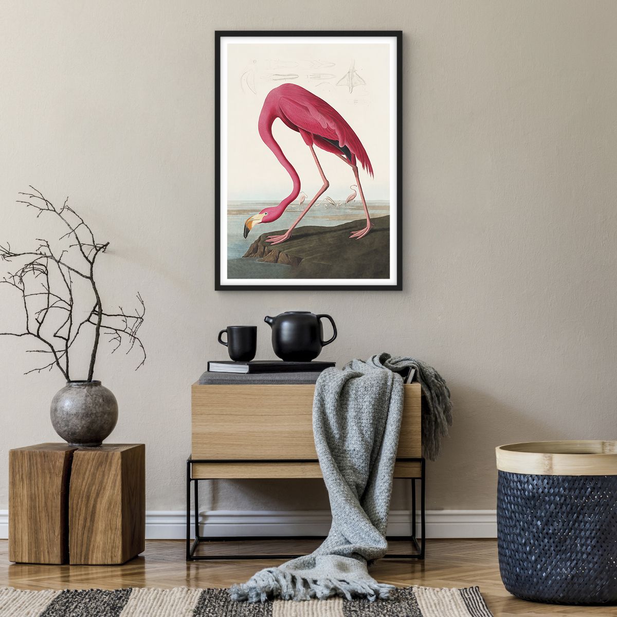 Poster in einem schwarzem Rahmen Flamingo, Poster in einem schwarzem Rahmen Vogel, Poster in einem schwarzem Rahmen Kunst, Poster in einem schwarzem Rahmen Malerei, Poster in einem schwarzem Rahmen Natur