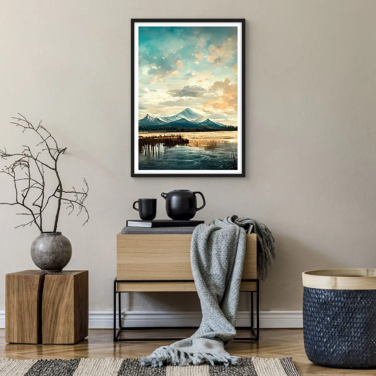 Plagát v čiernom ráme - Malebná horská krajina pri západe slnka - 50x70cm - Pod ochranou neba - Moderná nástenná dekorácia do obývacej izby a spálne ARTTOR