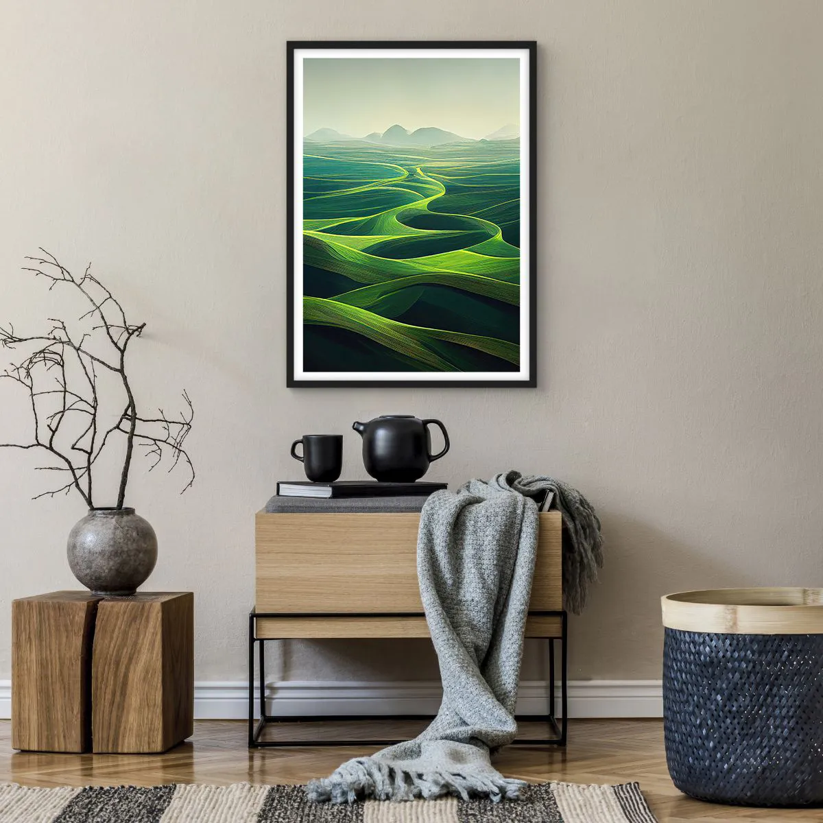 Pôster com moldura preta - Campos verdejantes com vista para as montanhas - 50x70cm - Nos vales verdes - Decoração de parede moderna para a sala de estar e quarto ARTTOR