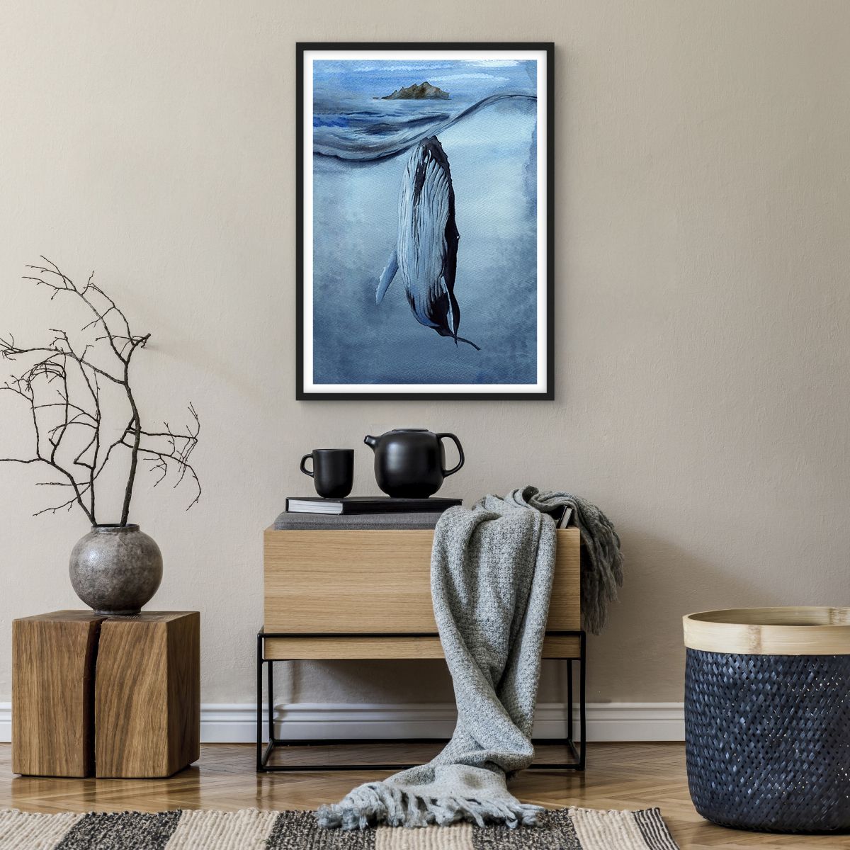 Poster in einem schwarzem Rahmen Wal, Poster in einem schwarzem Rahmen Ozean, Poster in einem schwarzem Rahmen Aquarell