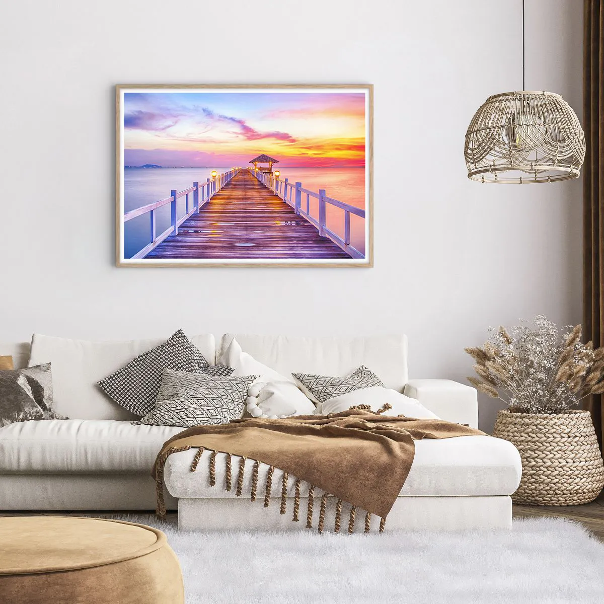 Plakát v rámu světlý dub - Liliově-zlaté ticho večera - 100x70 cm