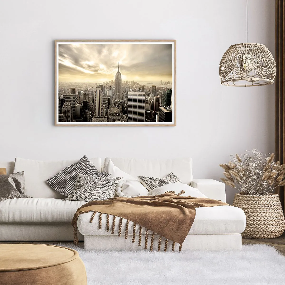 Poster in light oak frame - New York Woven in Grey - 100x70 cm