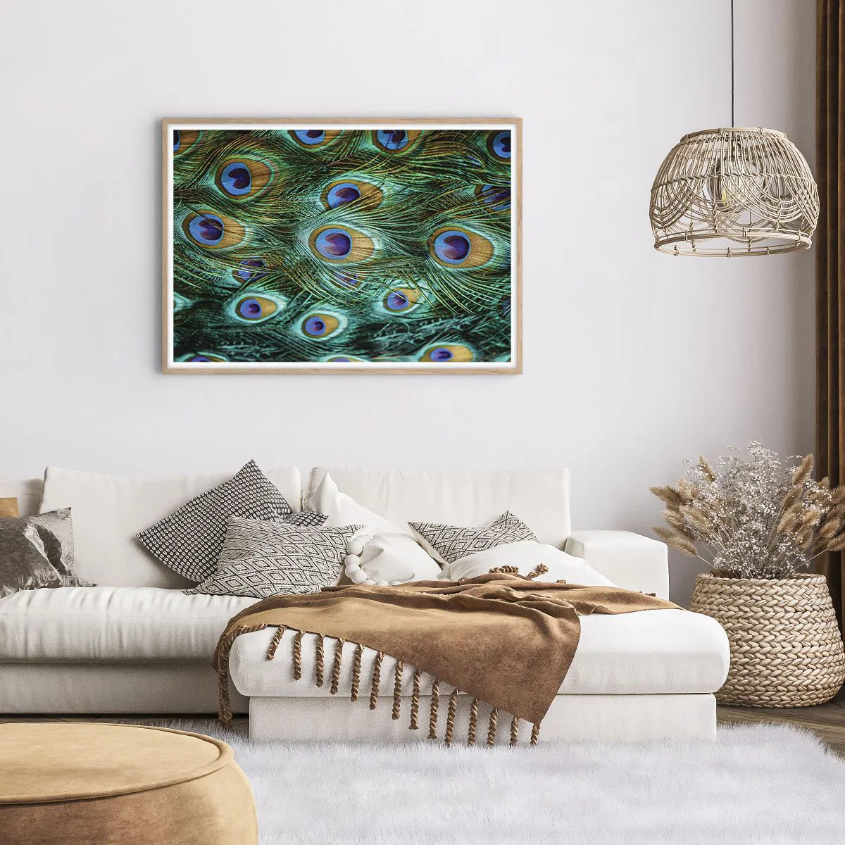 Poszter világos tölgy keretben - Pávaszemű pillantás - 100x70 cm