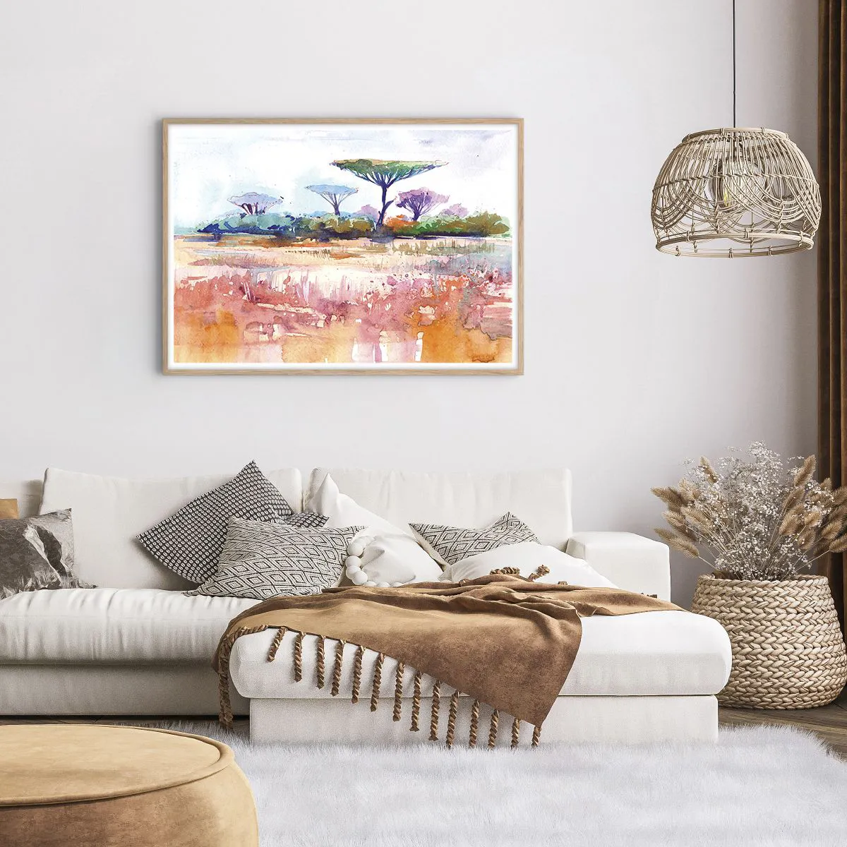 Plakat i ramme af lyst egetræ - Savannens farver - 100x70 cm