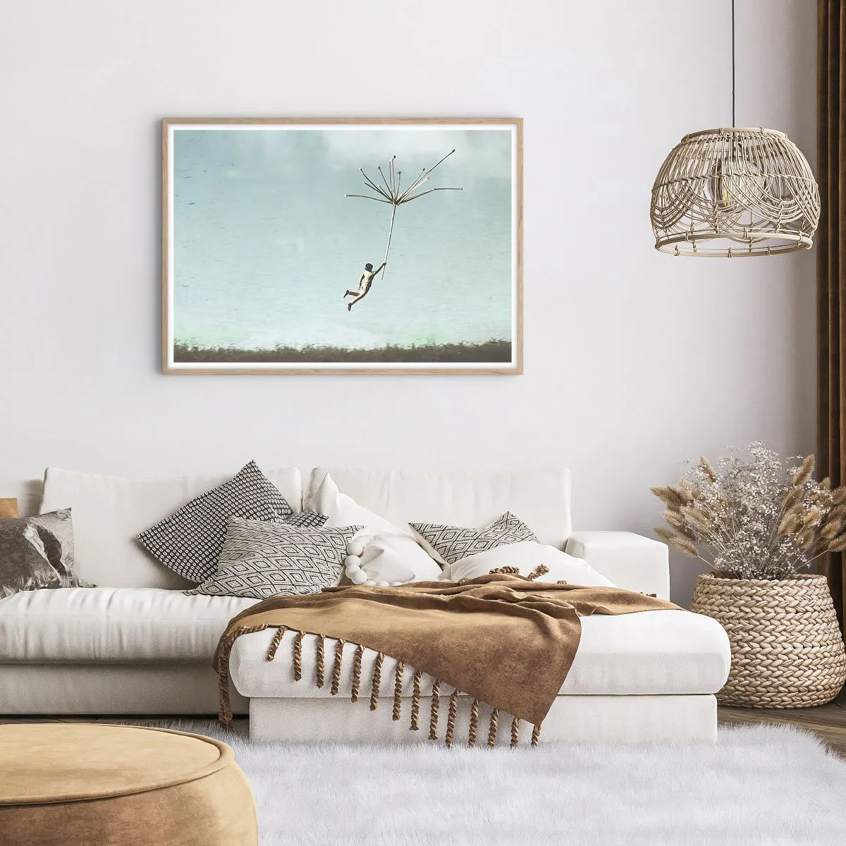 Poster in einem Rahmen aus heller Eiche - Drachen, Löwenzahn, Wind - 100x70 cm