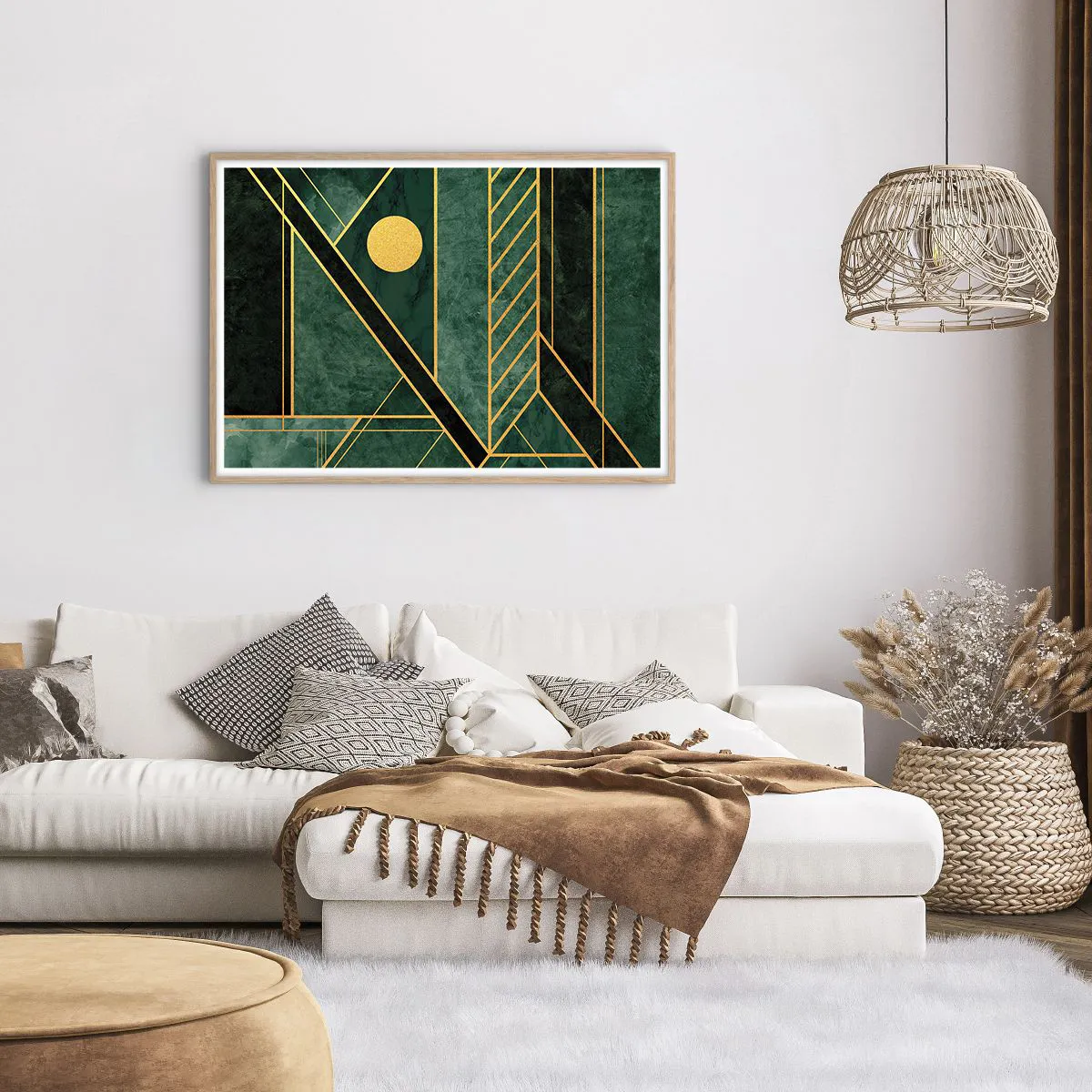 Een poster in een licht eiken lijst - Dynamiek van goud en azuur - 100x70 cm