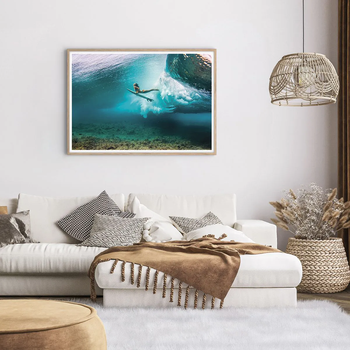 Plakat i ramme af lyst egetræ - Undervandsverden - 100x70 cm