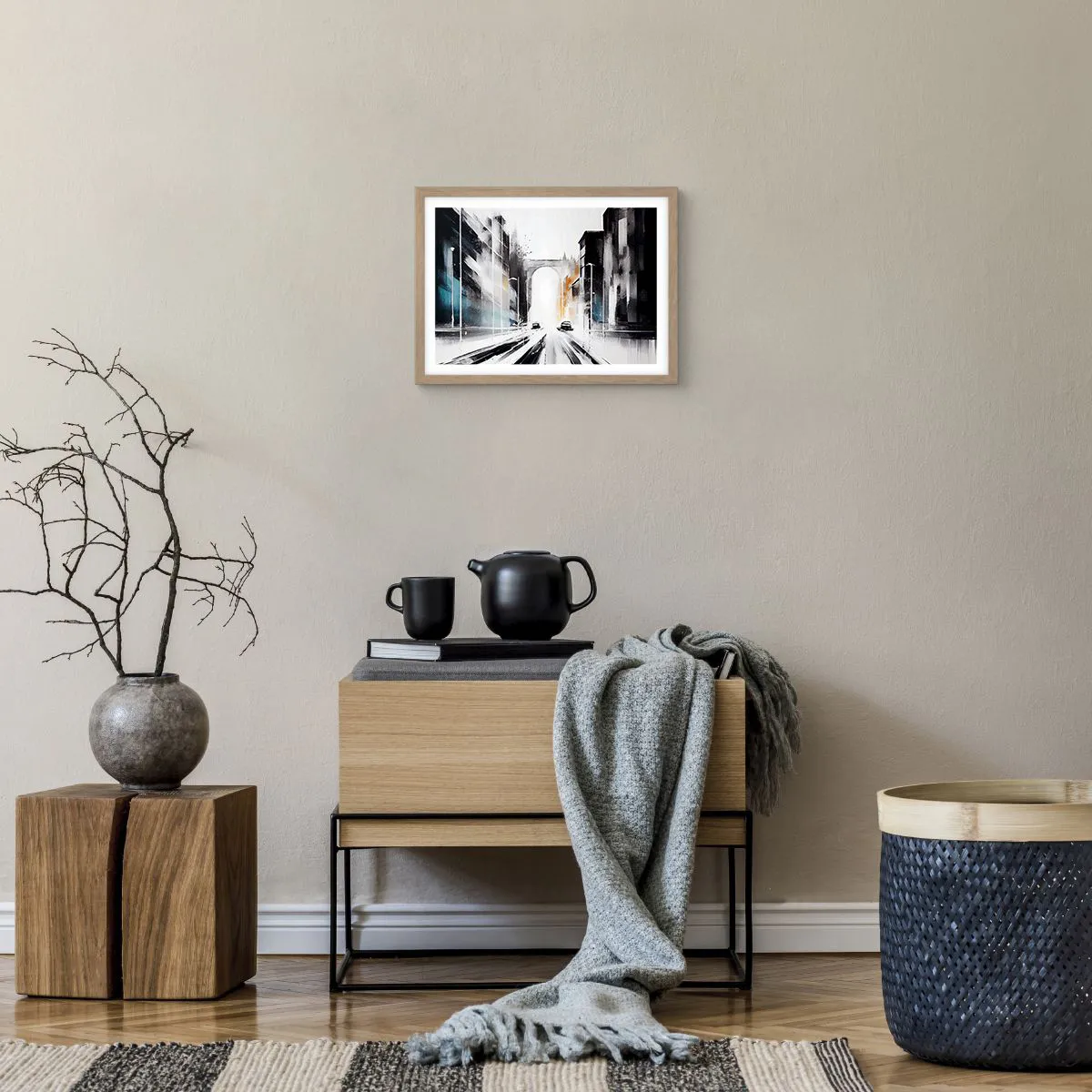 Plakat i ramme af lyst egetræ - Bystudie: arkitektur og bevægelse - 40x30 cm