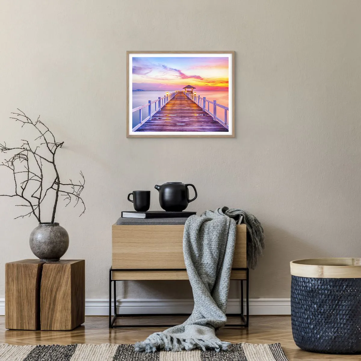 Plakát v rámu světlý dub - Liliově-zlaté ticho večera - 50x40 cm