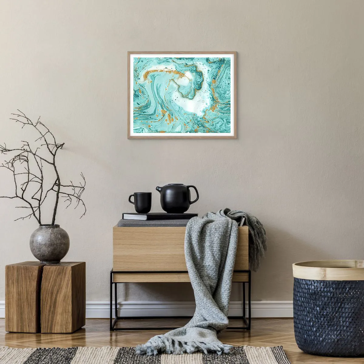 Poster in light oak frame - Under the Great Wave of the Edo Period - 50x40 cm