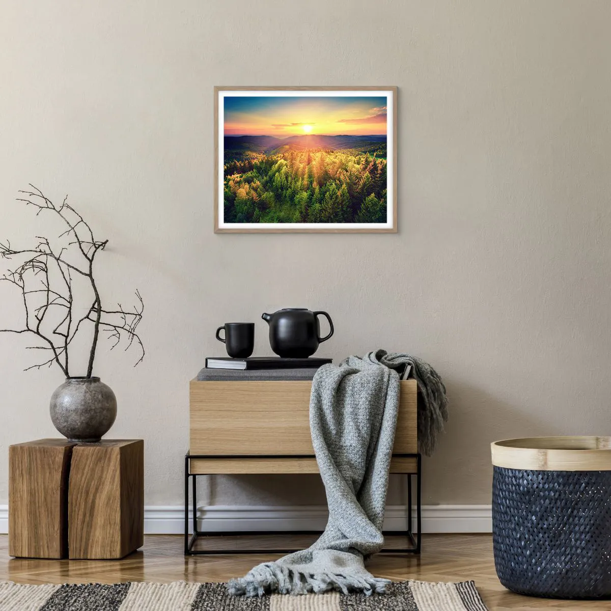 Plakat i ramme af lyst egetræ - Toppe og bjergtoppe - 50x40 cm