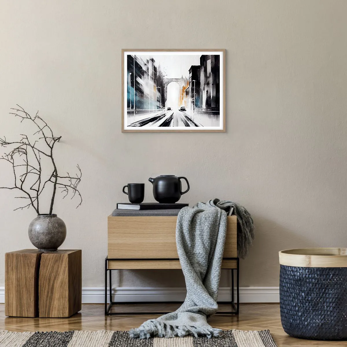 Poster in einem Rahmen aus heller Eiche - Stadtstudie: Architektur und Bewegung - 50x40 cm