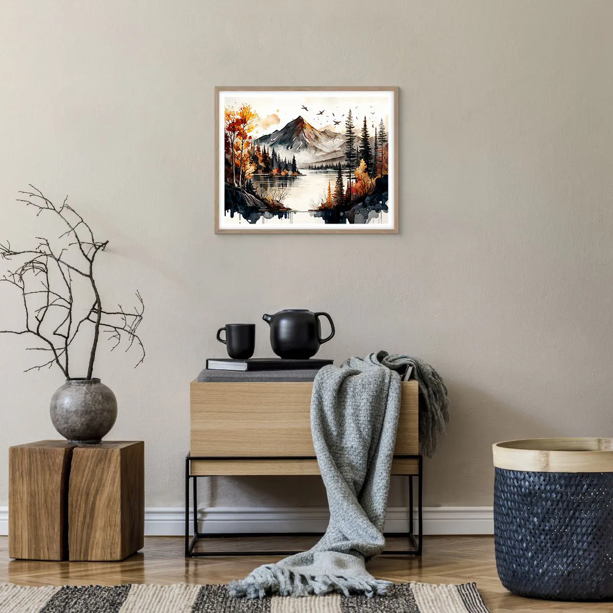 Plakat i ramme af lyst egetræ - Gyldent efterår i bjergene - 50x40 cm