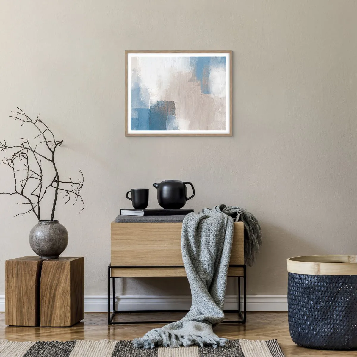 Affisch i ram av ljusek - Rosa abstraktion bakom en blå slöja - 50x40 cm