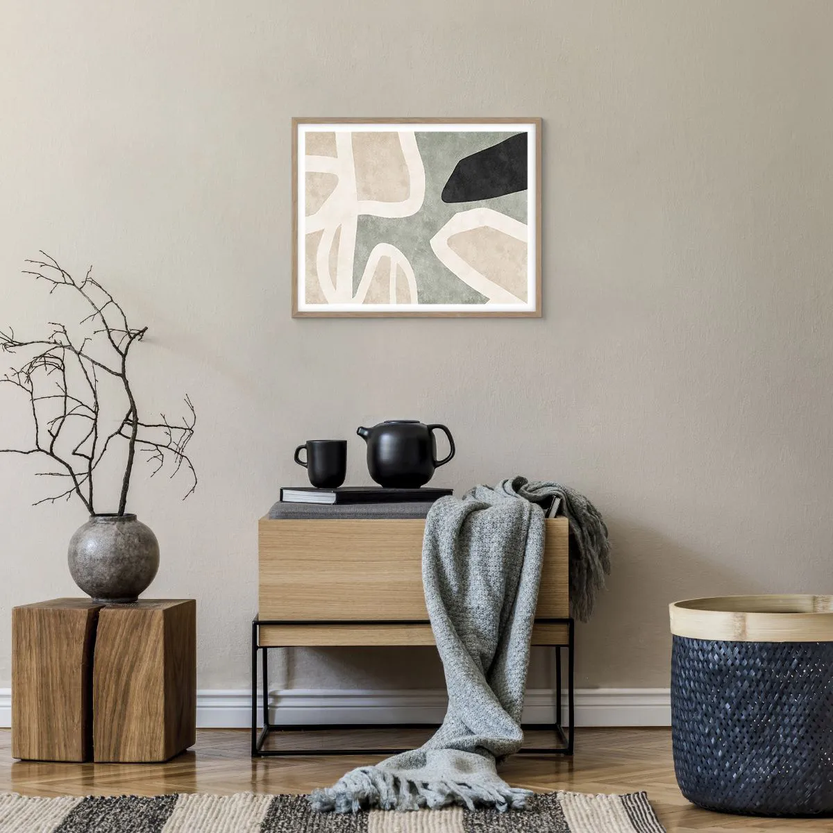 Een poster in een licht eiken lijst - Compositie met een zwart motief - 50x40 cm