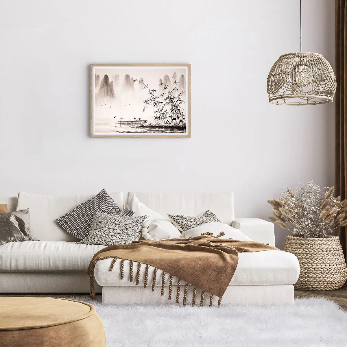 Plakat i ramme af lyst egetræ - Stilhed i rismarkerne - 70x50 cm