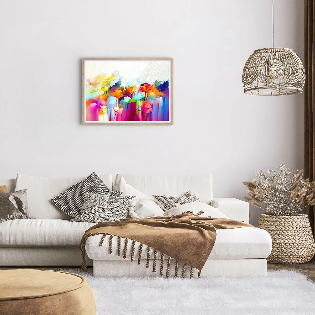 Plakat i ramme af lyst egetræ - Regnbuen i blomstring - 70x50 cm