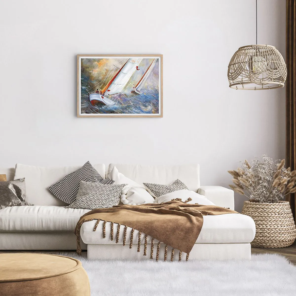 Plakát v rámu světlý dub - Běžící přes vlny - 70x50 cm