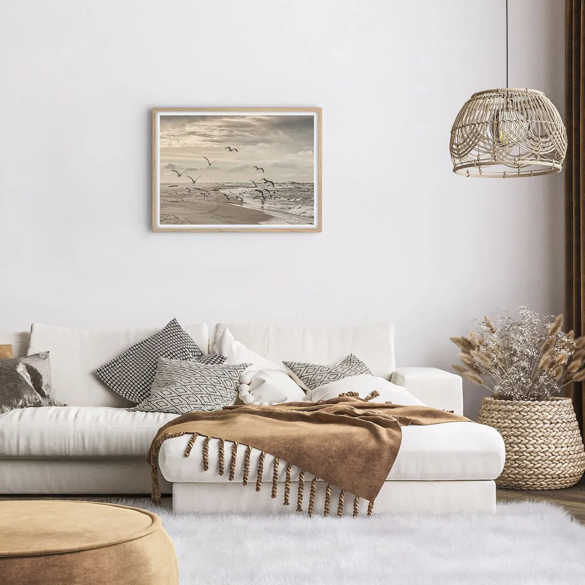 Plakat i ramme af lyst egetræ - Havet brummer, fuglene synger - 70x50 cm