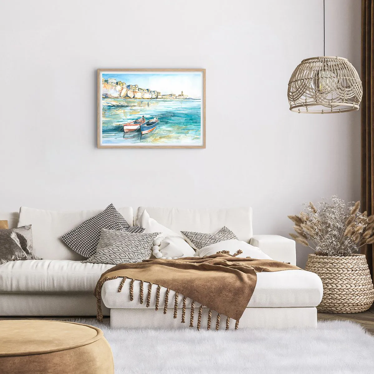 Poster in einem Rahmen aus heller Eiche - Landschaft in Azurblau - 70x50 cm