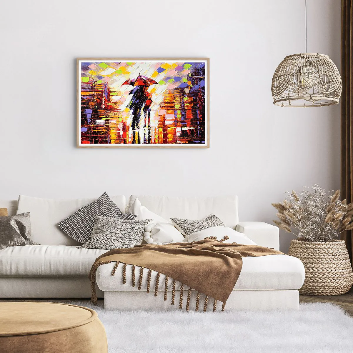 Pôster com moldura de carvalho claro - Juntos durante a noite e a chuva - 91x61 cm