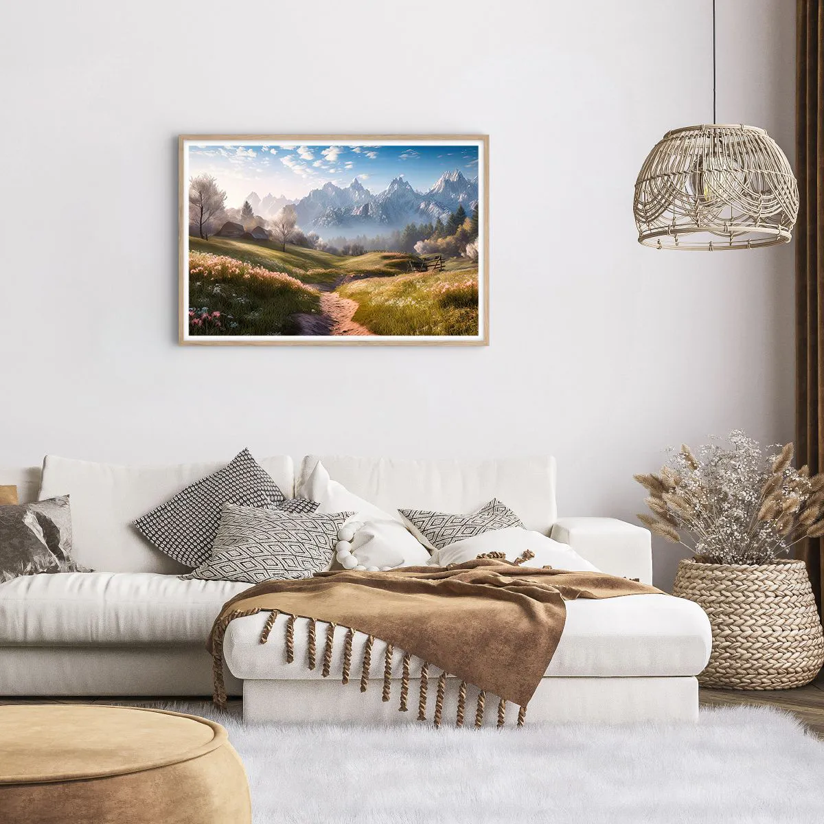 Plakat i ramme af lyst egetræ - Idyllisk dal - 91x61 cm