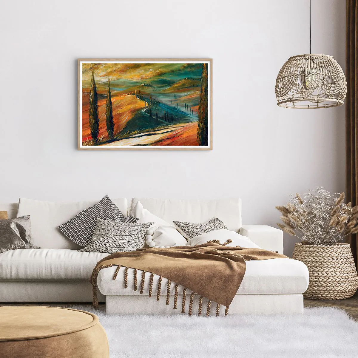 Poster în ramă de stejar deschis - Peisaj toscan - 91x61 cm