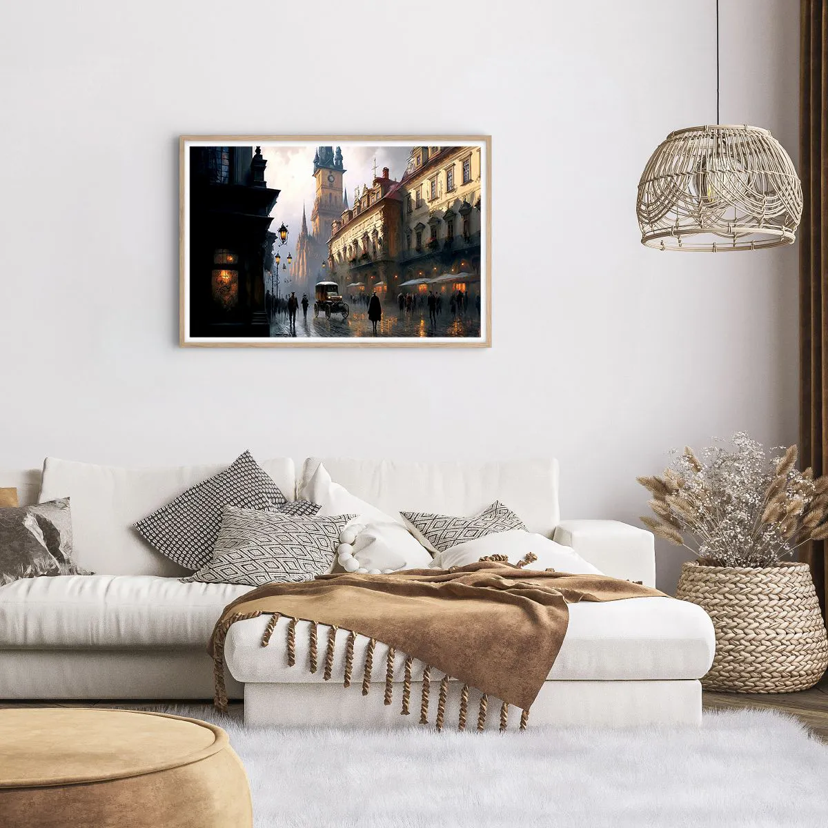 Poster in einem Rahmen aus heller Eiche - Charme eines Prager Abends - 91x61 cm