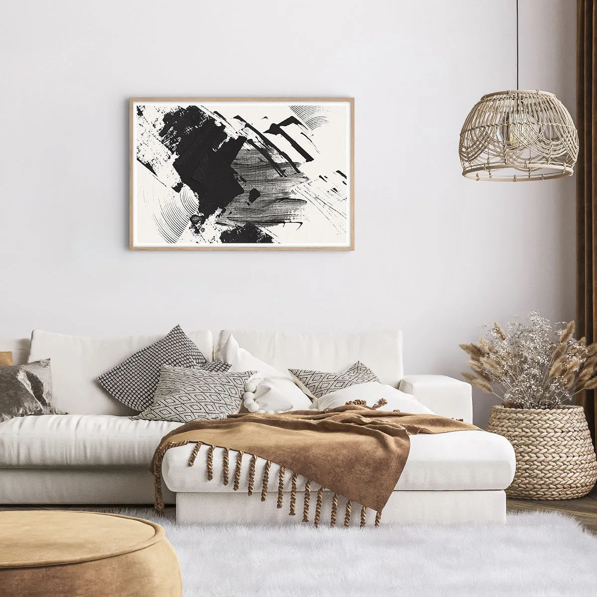 Plakat i ramme af lyst egetræ - Abstraktion - det sortes udtryk - 91x61 cm