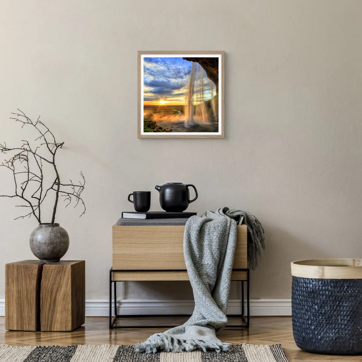 Plakat i ramme af lyst egetræ - Verden bag sløret af dråber - 40x40 cm