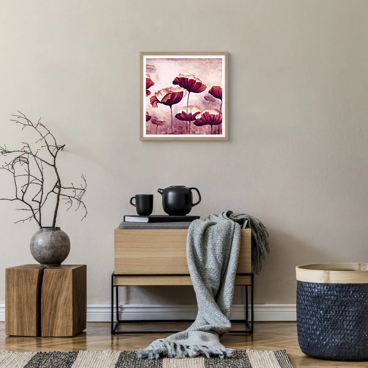 Plakát v rámu světlý dub - Červený a bílý plátek - 40x40 cm