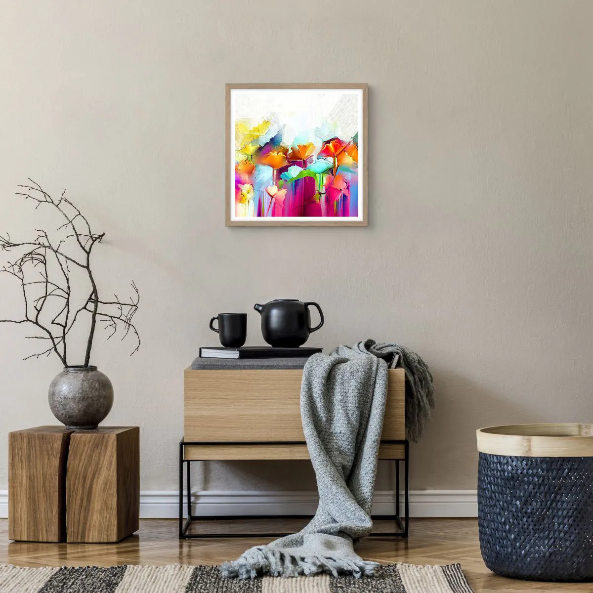 Plakat i ramme af lyst egetræ - Regnbuen i blomstring - 40x40 cm