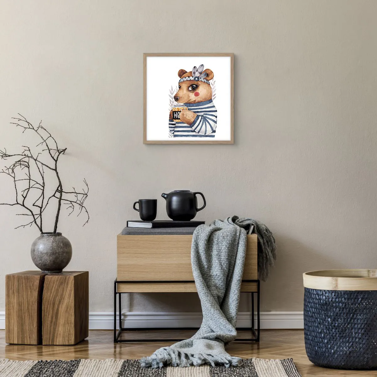 Plakat i ramme af lyst egetræ - Søde bjørn - 40x40 cm