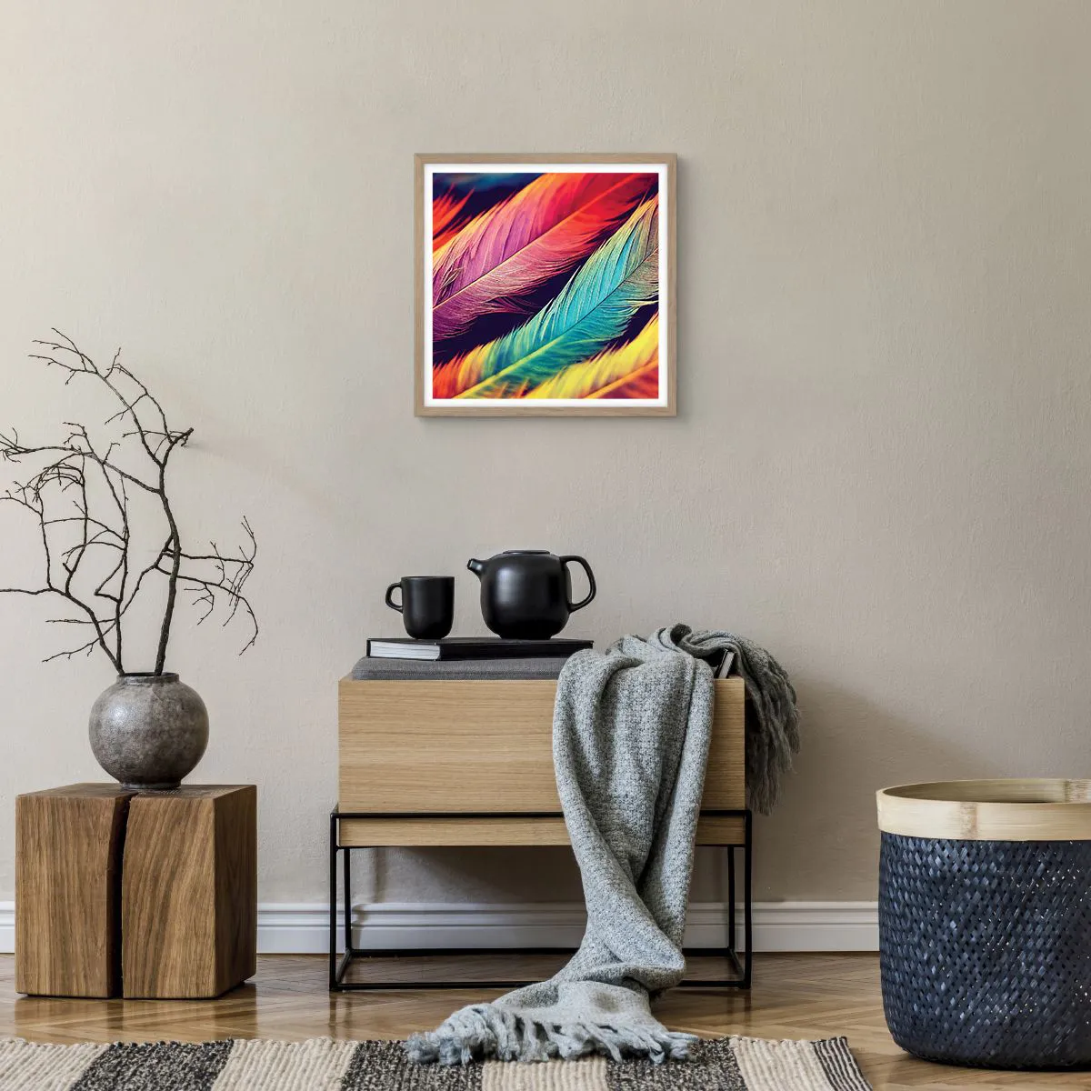 Poster in einem Rahmen aus heller Eiche - Gefiederter Regenbogen - 40x40 cm