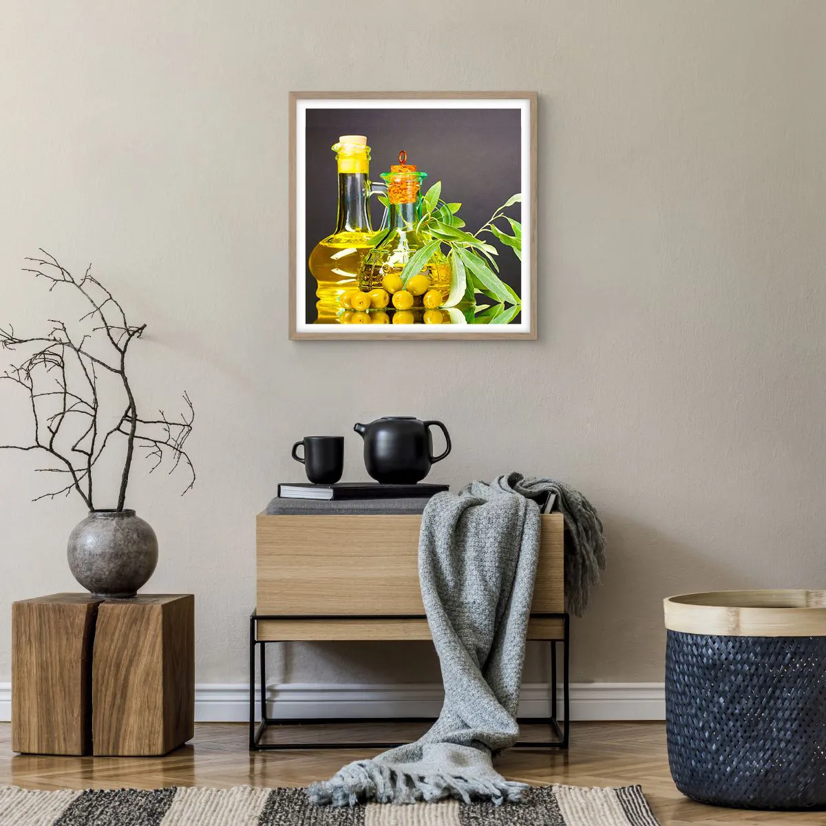 Poszter világos tölgy keretben - Csendélet olívabogyóval és olívaolajjal - 50x50 cm