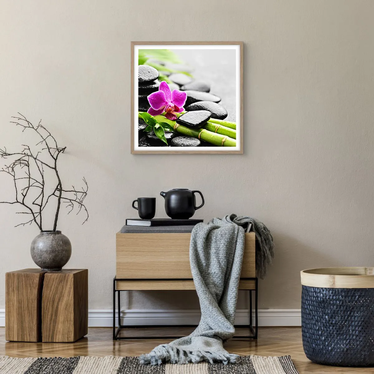 Plakat i ramme af lyst egetræ - I en fredelig balance - 50x50 cm