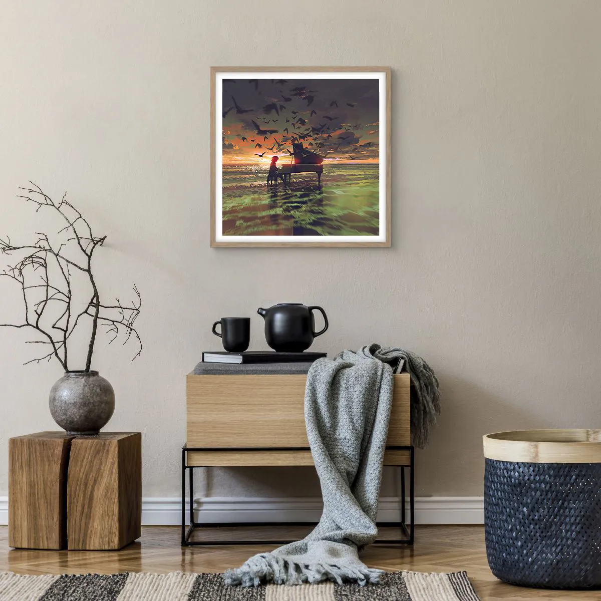 Poszter világos tölgy keretben - Koncert zongorára és a hullámokra - 50x50 cm