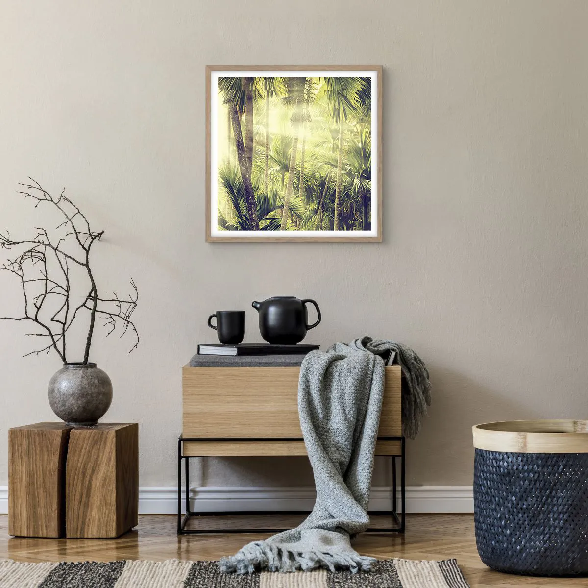 Plakat i ramme af lyst egetræ - I grønne gløder - 50x50 cm