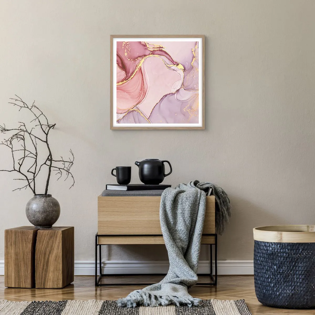 Plakat i ramme af lyst egetræ - Et kærtegn af farver - 50x50 cm