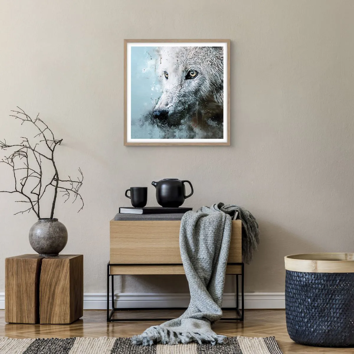 Plakat i ramme af lyst egetræ - Mød ulvesjælen - 50x50 cm