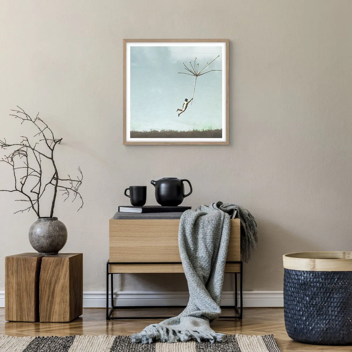 Affiche dans un chêne clair - Poster - Cerfs-volants, pissenlits, vent - 50x50 cm