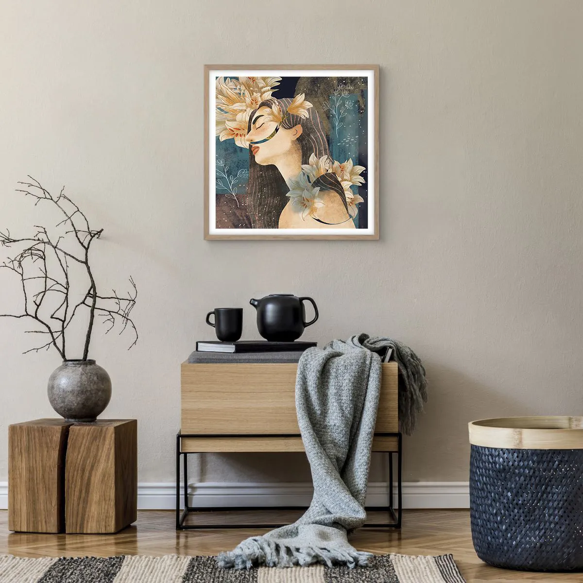 Poster in light oak frame - Tale of a Queen with Lillies - 50x50 cm