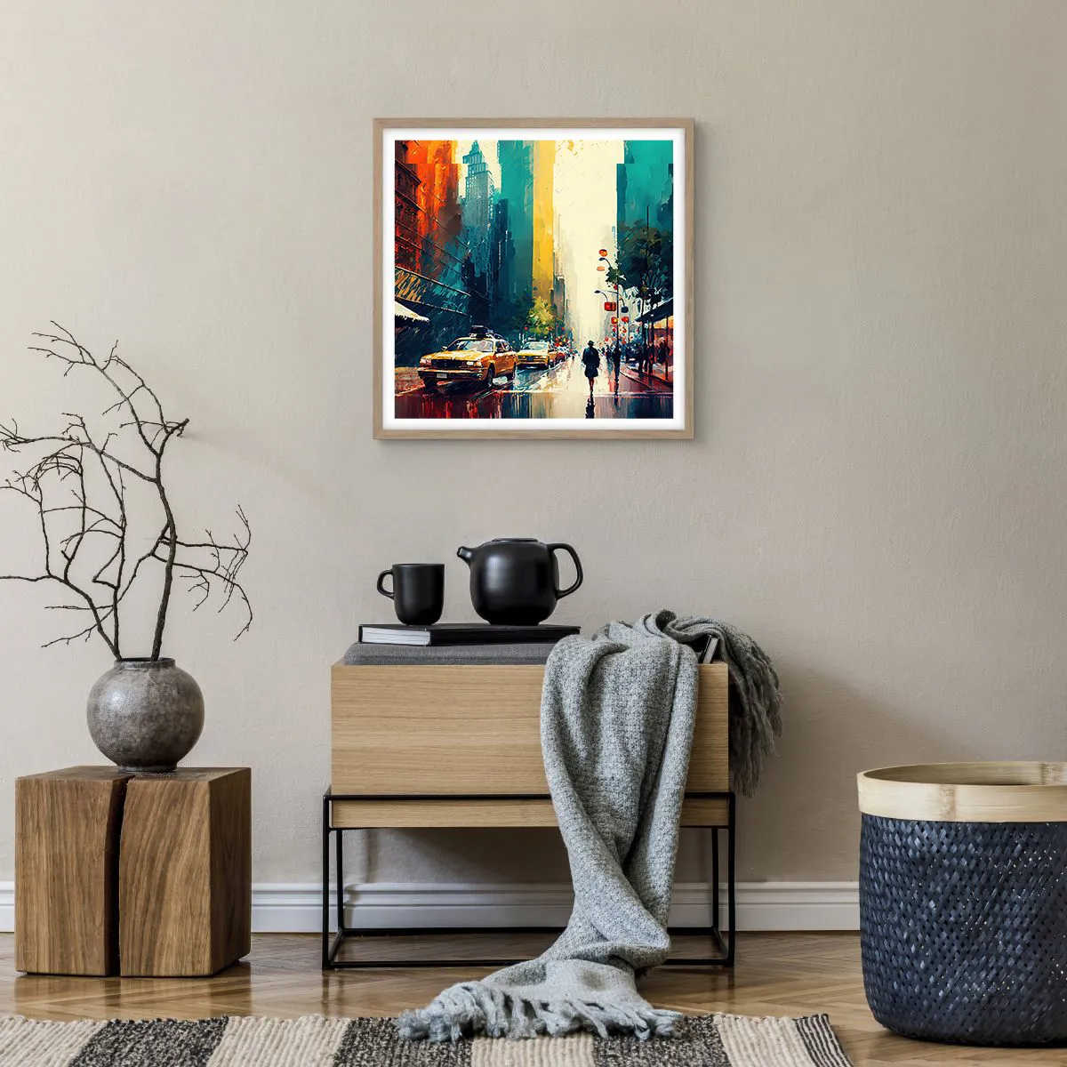 Poster in light oak frame - New York - Even Rain Is Colourful - 50x50 cm