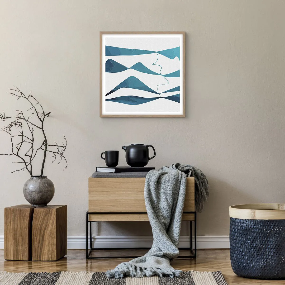 Poster in einem Rahmen aus heller Eiche - Abstraktion: türkisfarbene Verbindung - 50x50 cm